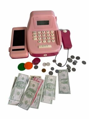 Battat pink talking cash register with scanner, moving tray, intercom & play $